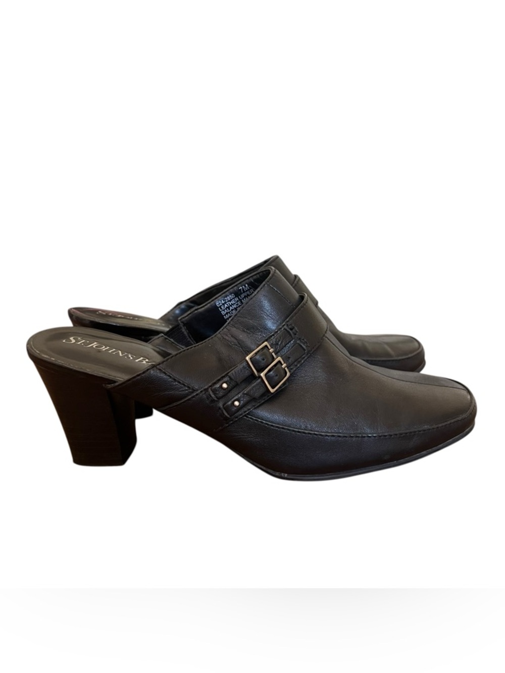 Women’s Black Leather Moto Office Buckle Heeled Mules Sz 7